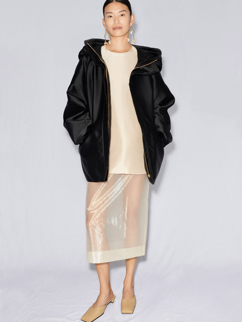 Hooded parka in satin