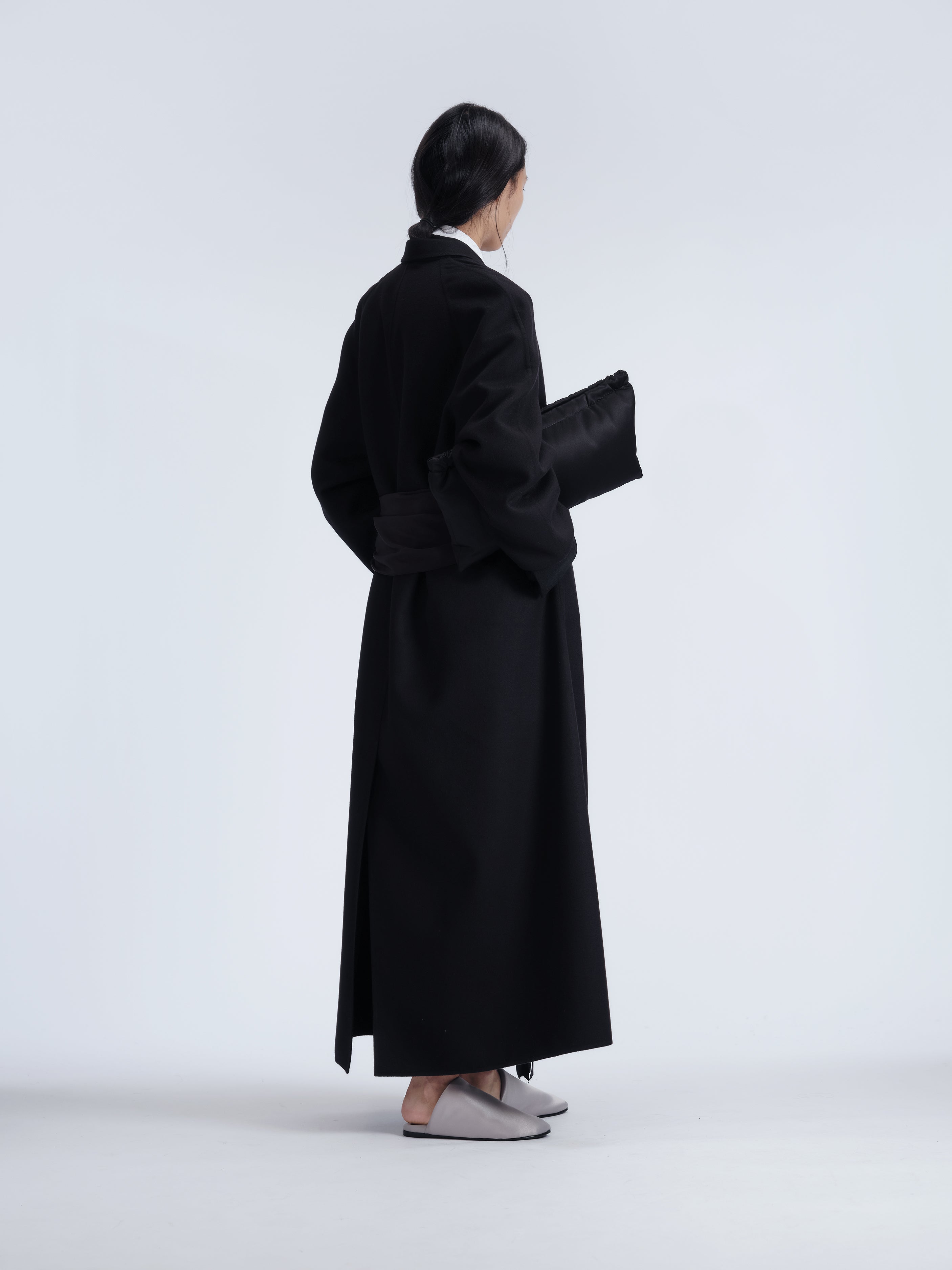 Ribbon belt wrap coat in light double face wool