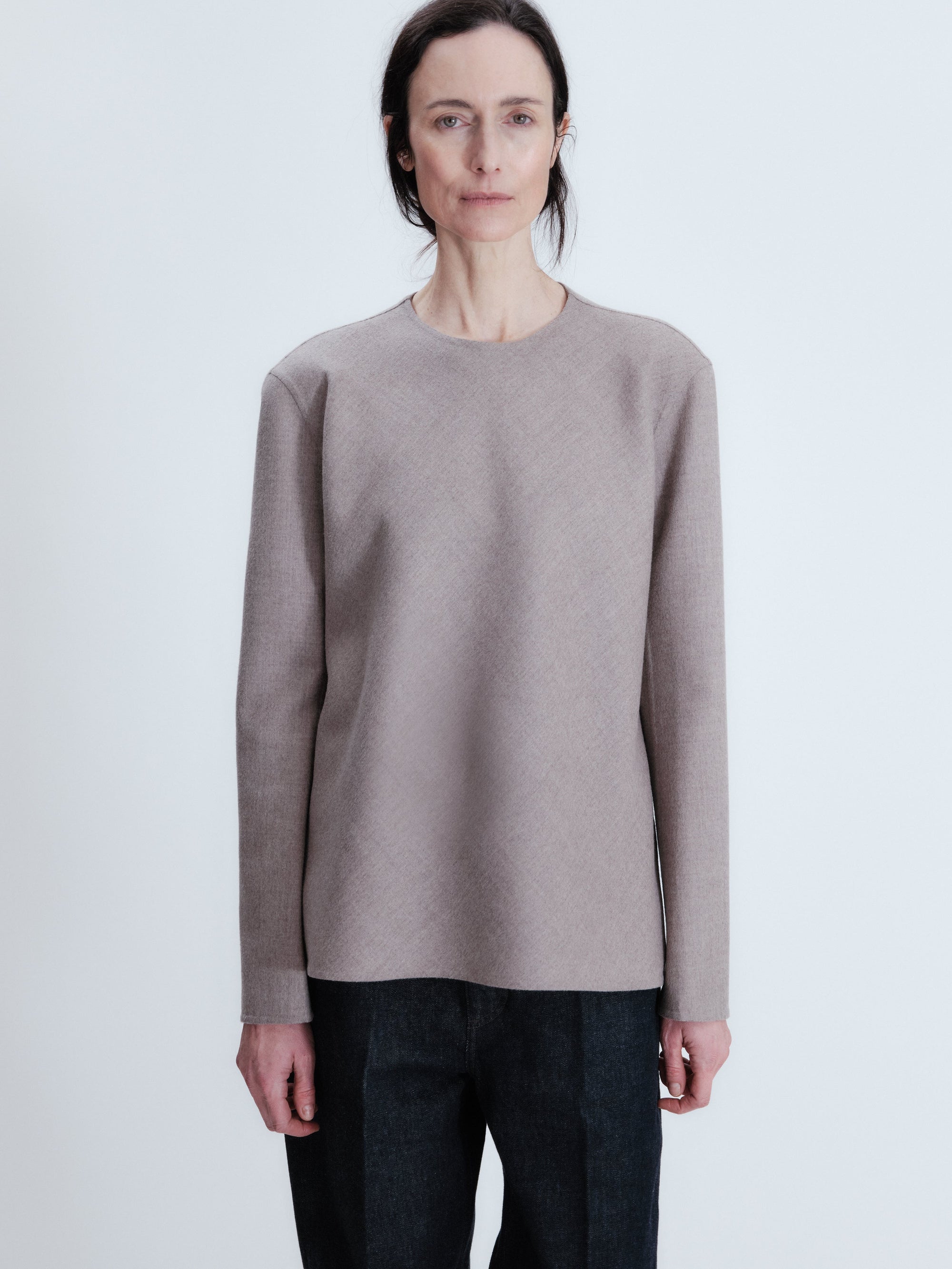 Long sleeve shift top in light double face wool