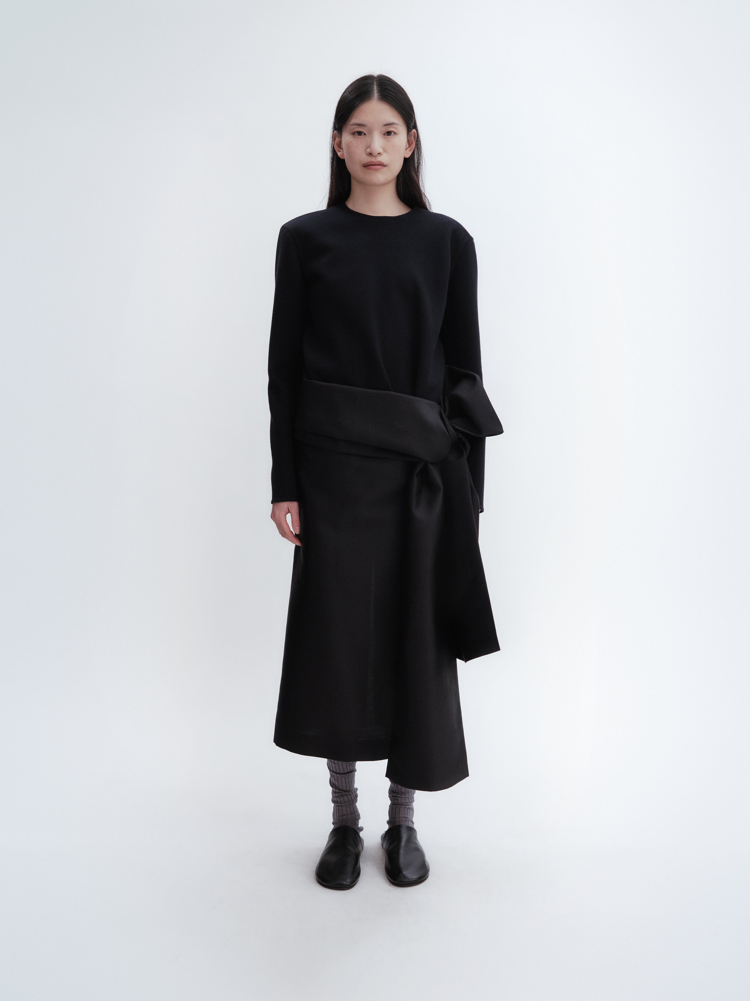 Long sleeve shift top in light double face wool