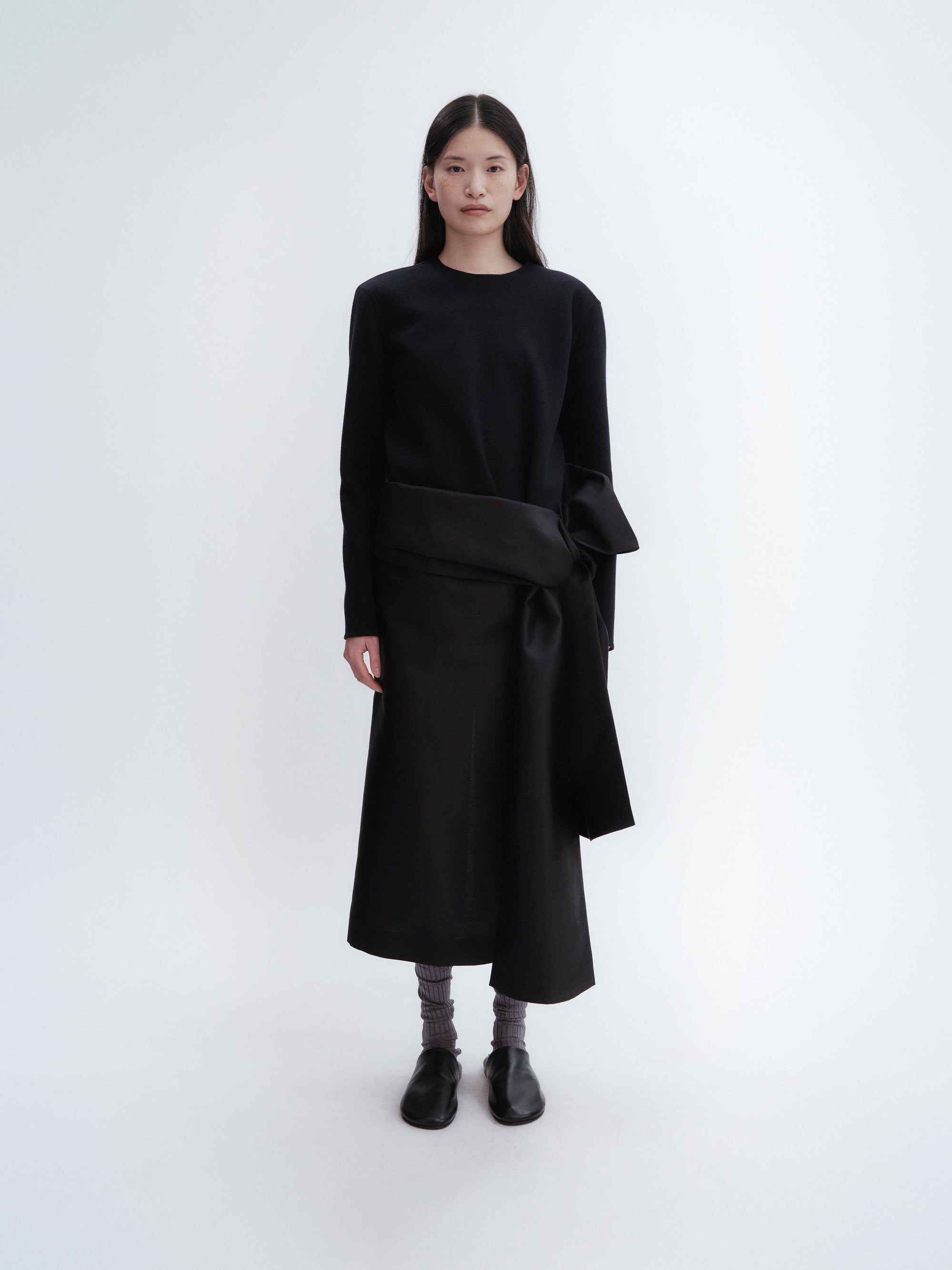 Long sleeve shift top in light double face wool