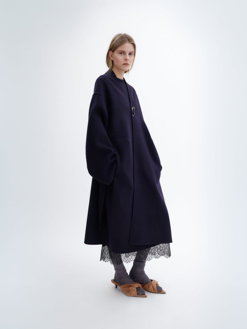 Manteau ceinturé en laine double face bleu nuit