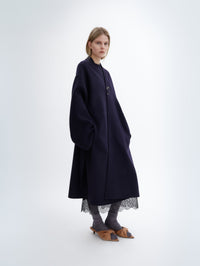 Manteau ceinturé en laine double face bleu nuit