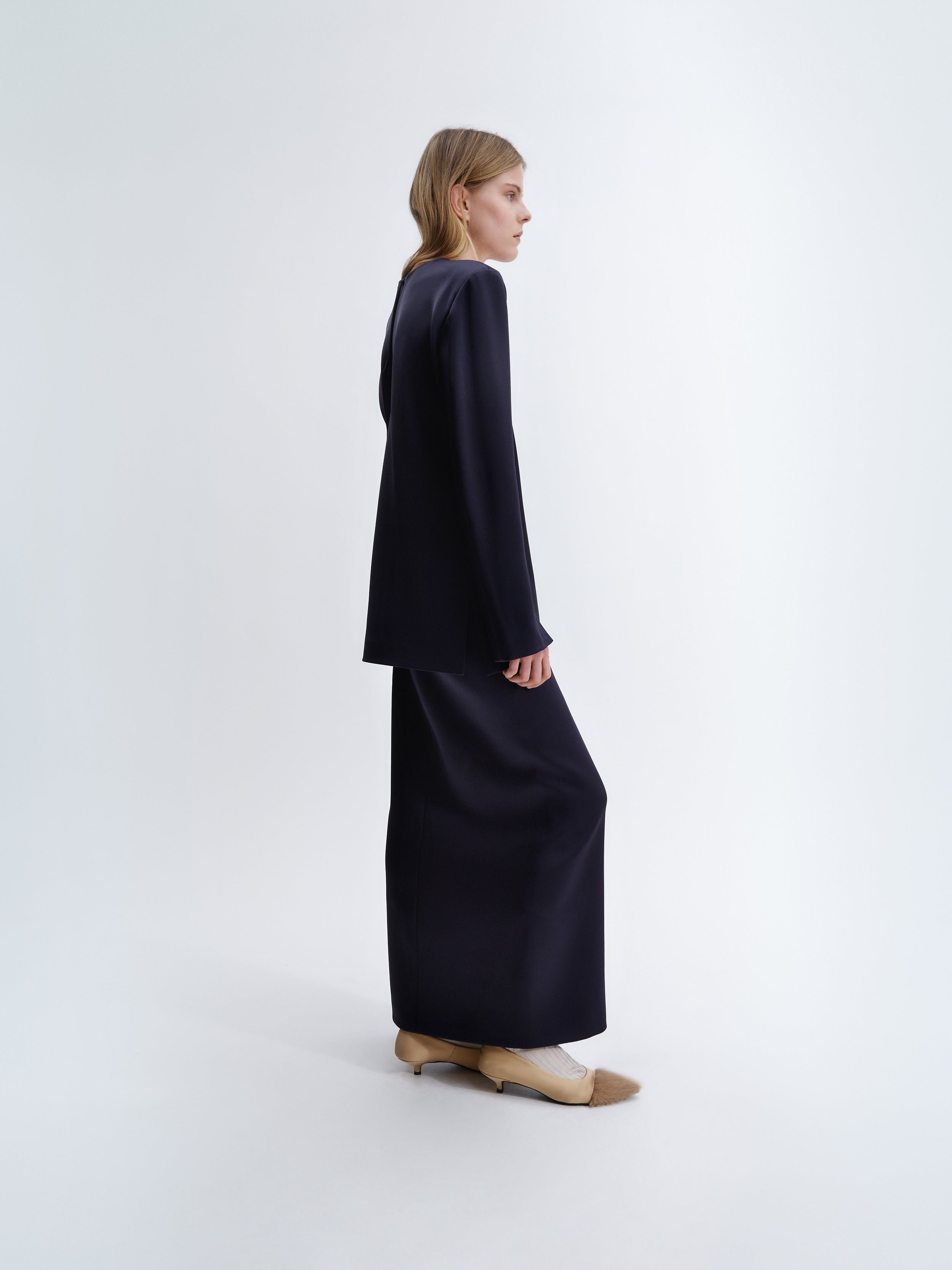 Long waterfall skirt in double satin