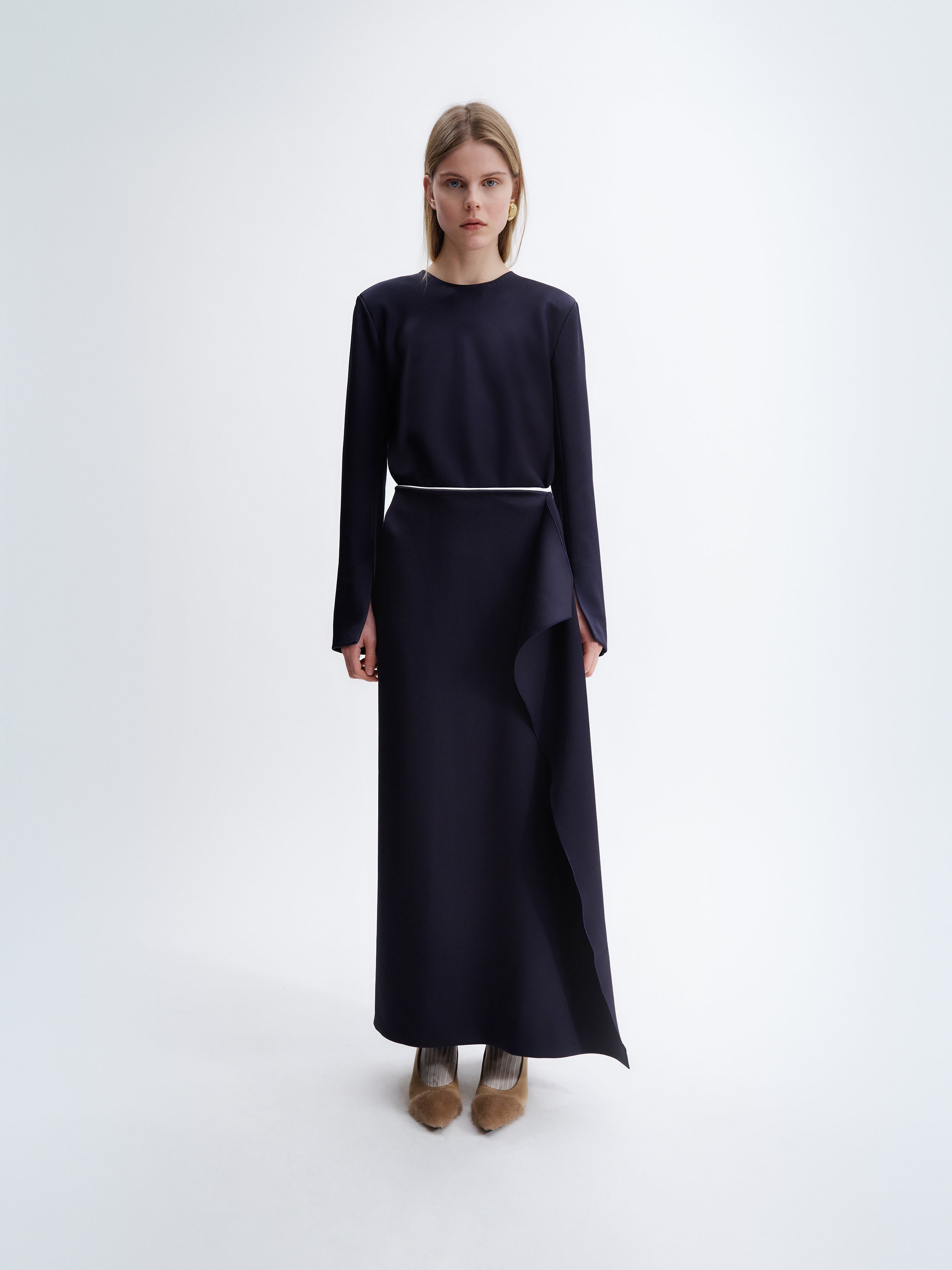 Long waterfall skirt in double satin