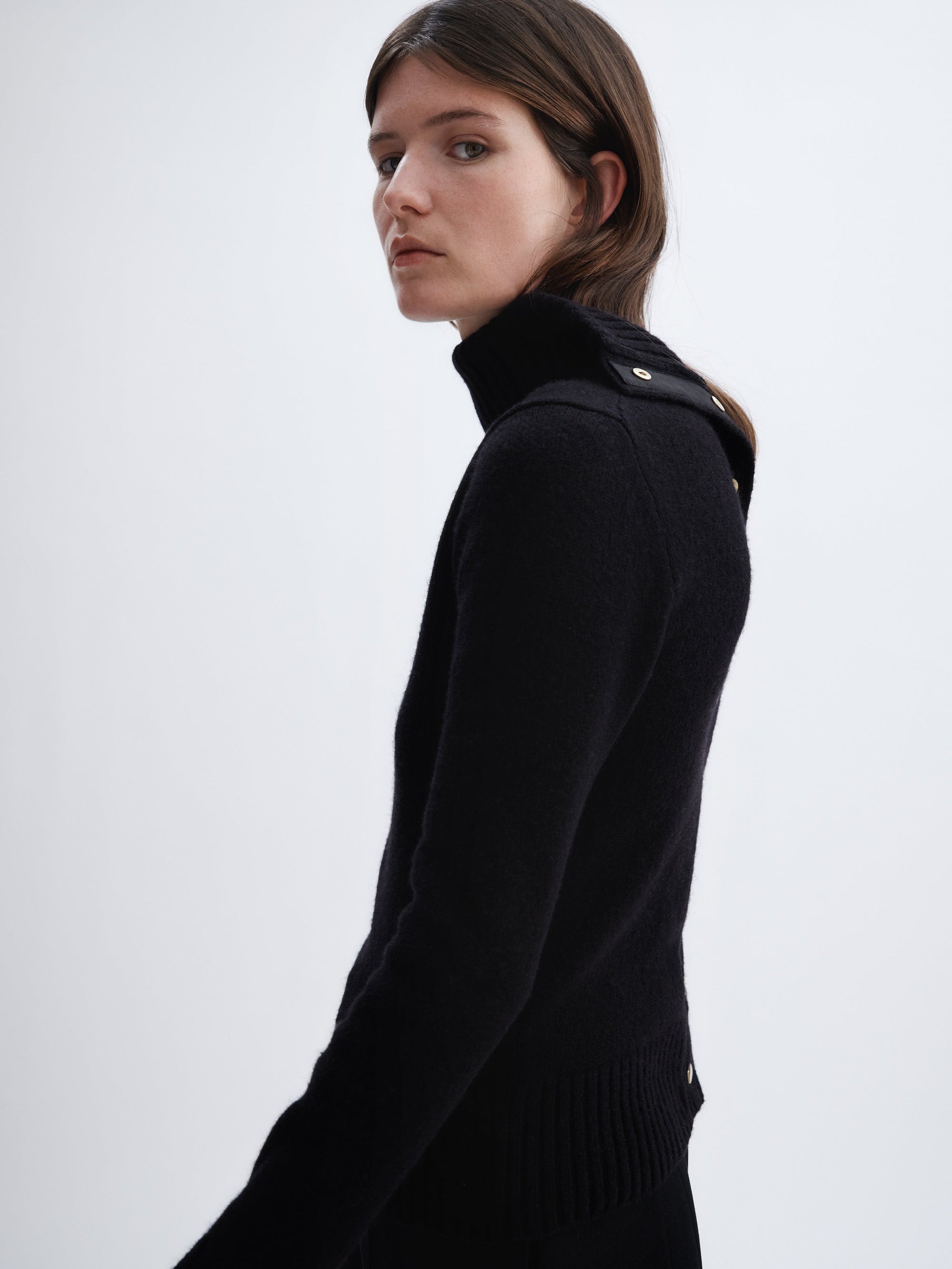 Snaps turtleneck cardigan in soft Shetland