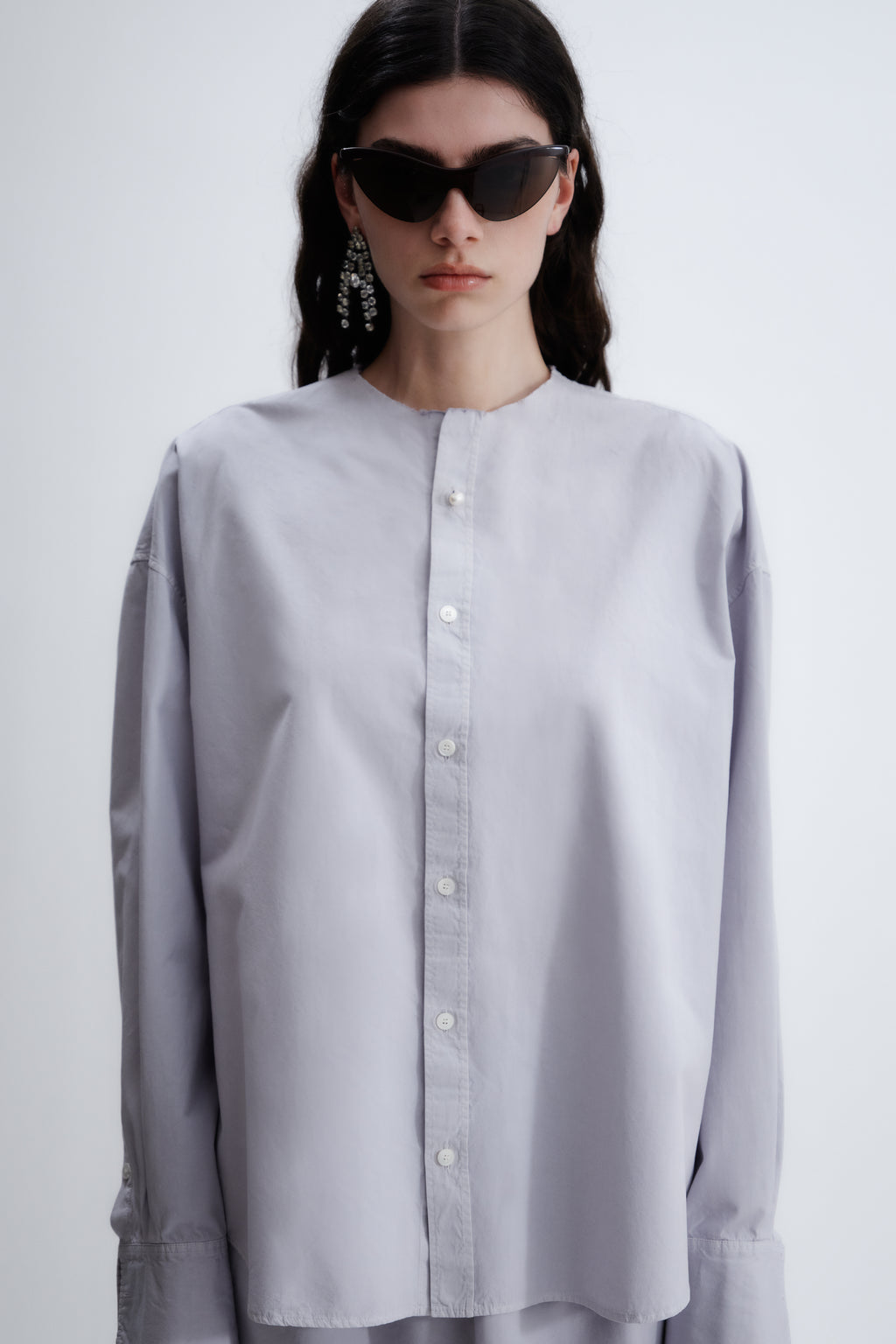 Collarless shirt in matt poplin
