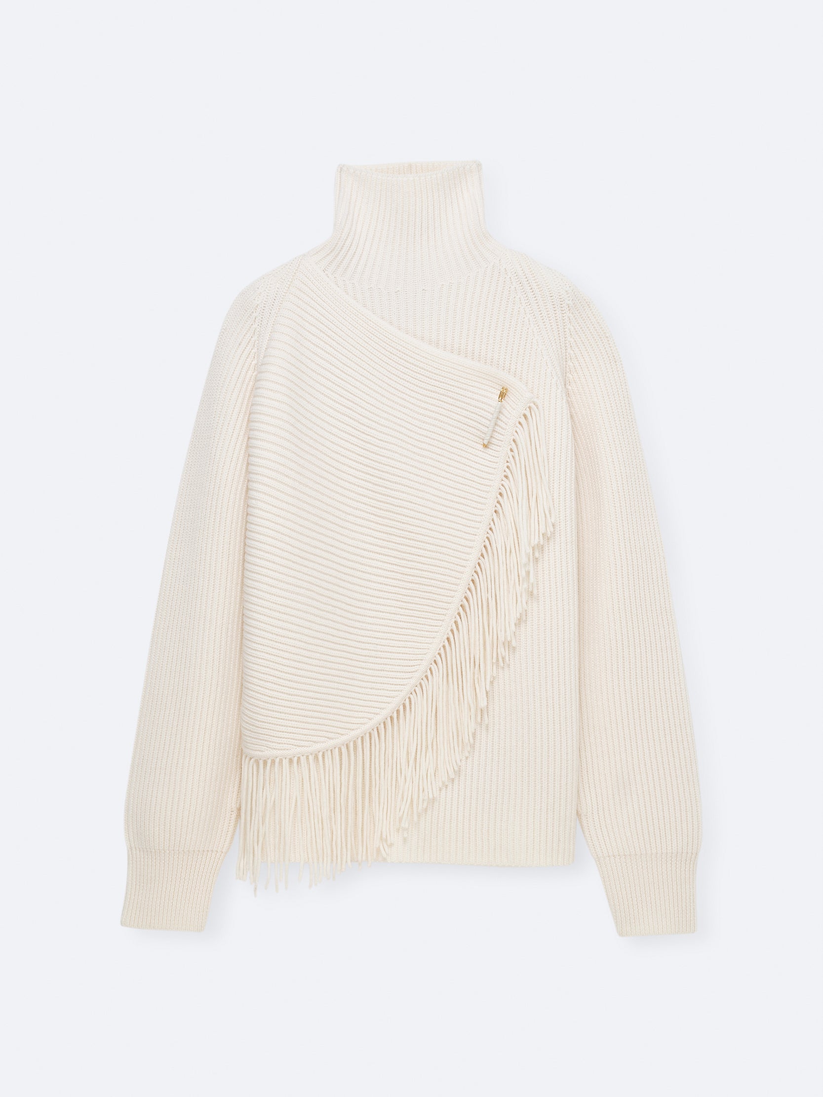 Pull à col montant frangé en côtes anglaises et franges