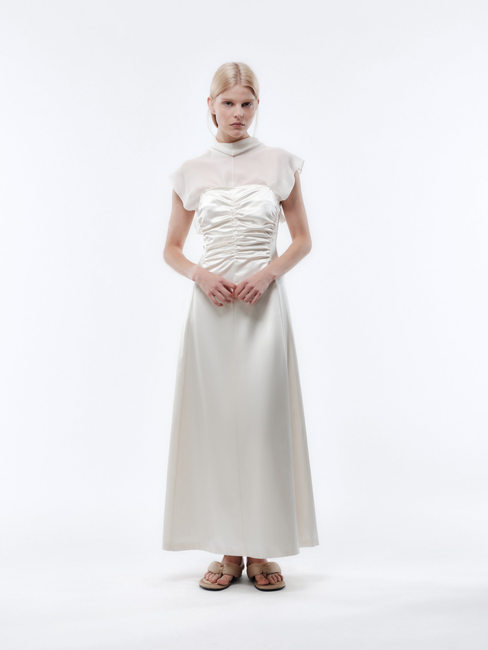 Gathered dress in slip satin