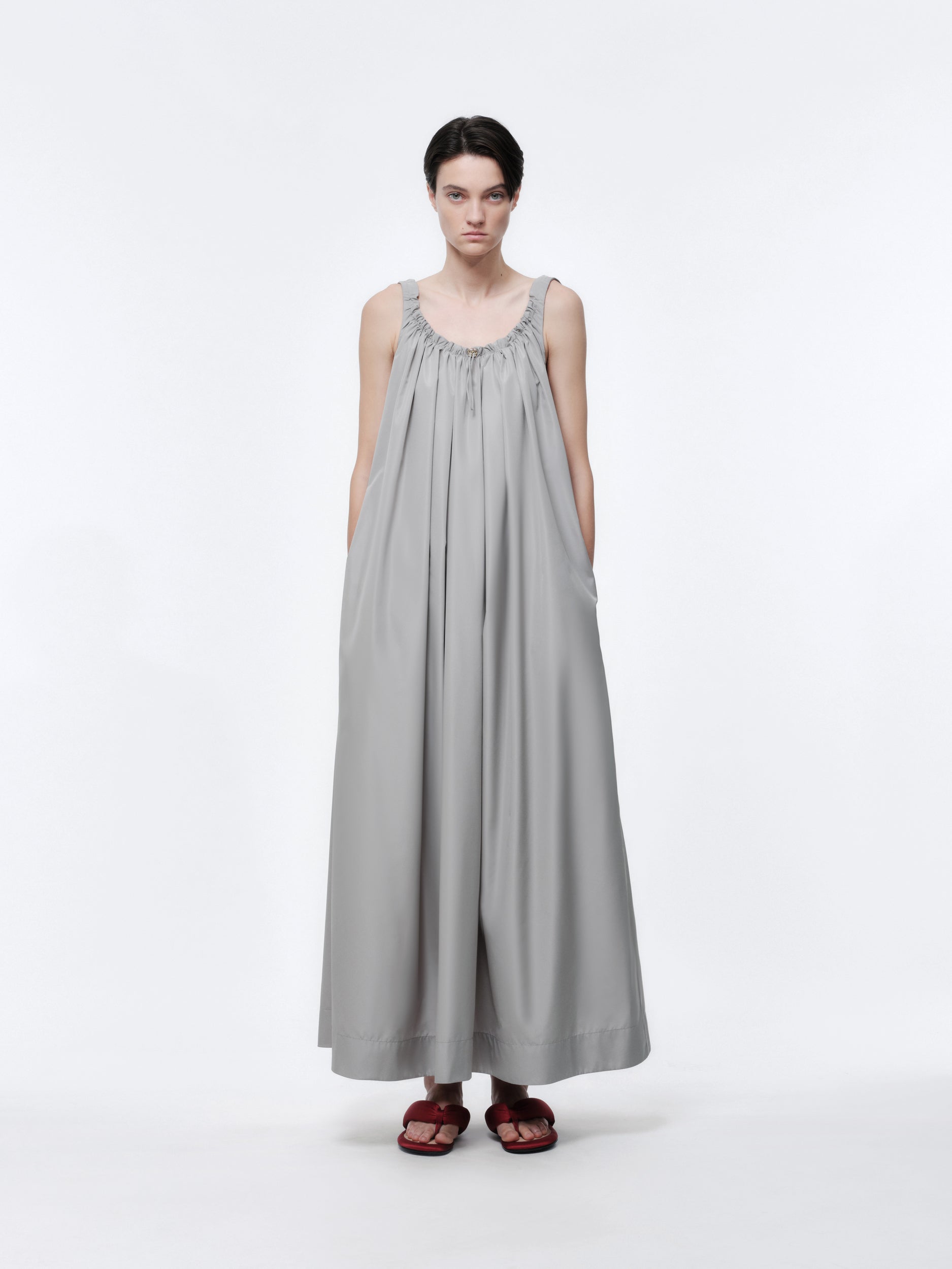 Drawstring dress in silk habotai