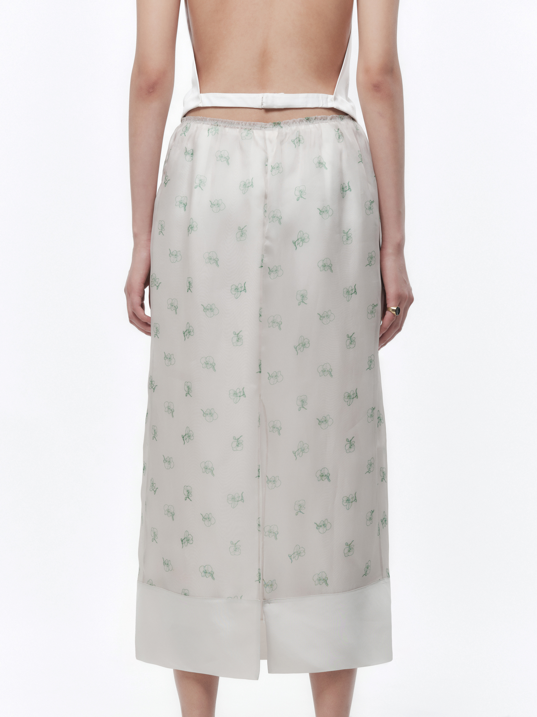 Jupe transparente en organza de satin imprimé orchidée