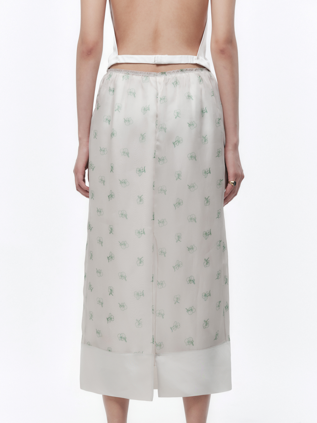 Jupe transparente en organza de satin imprimé orchidée