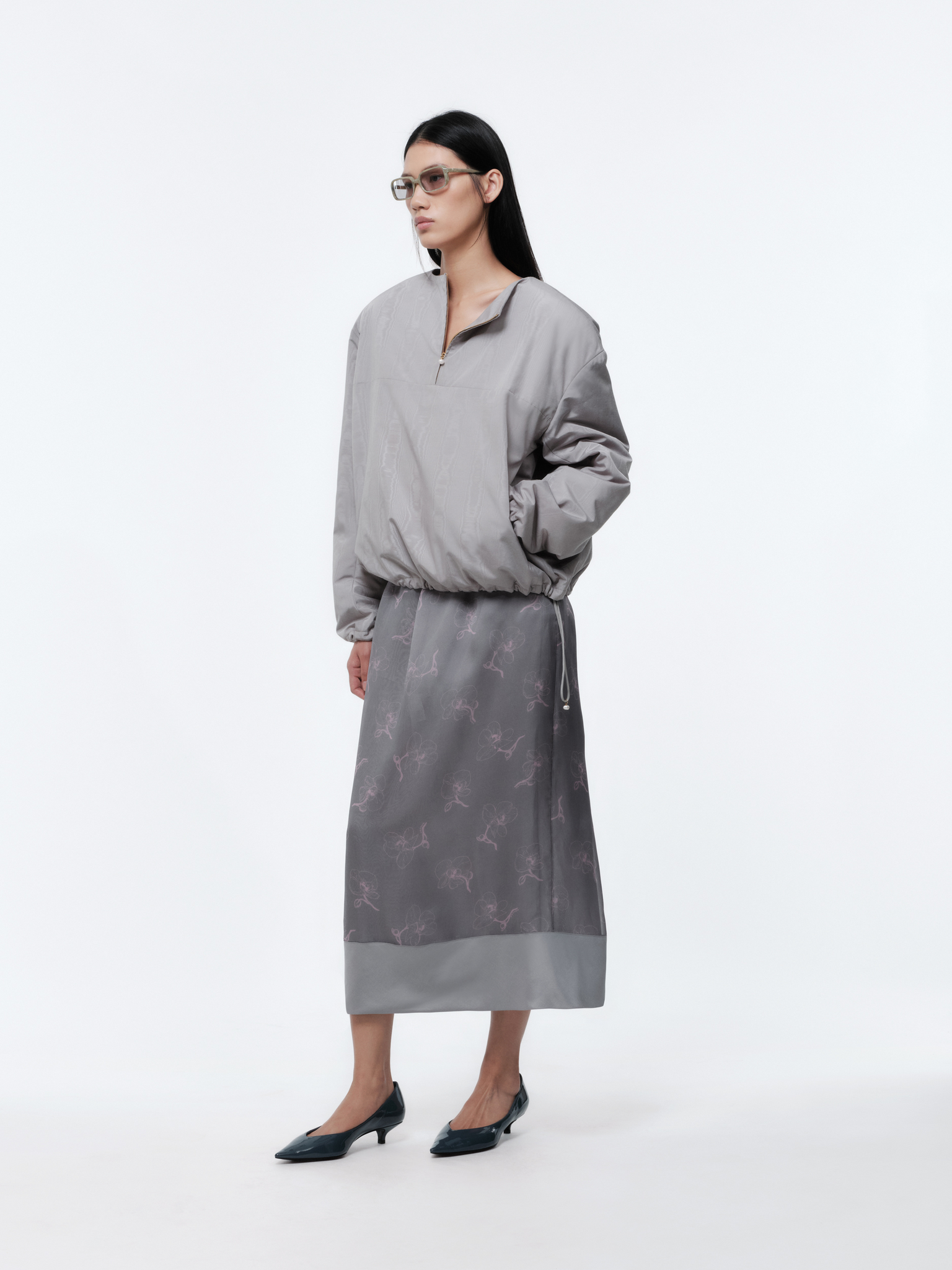 Sheer skirt in orchid print organza