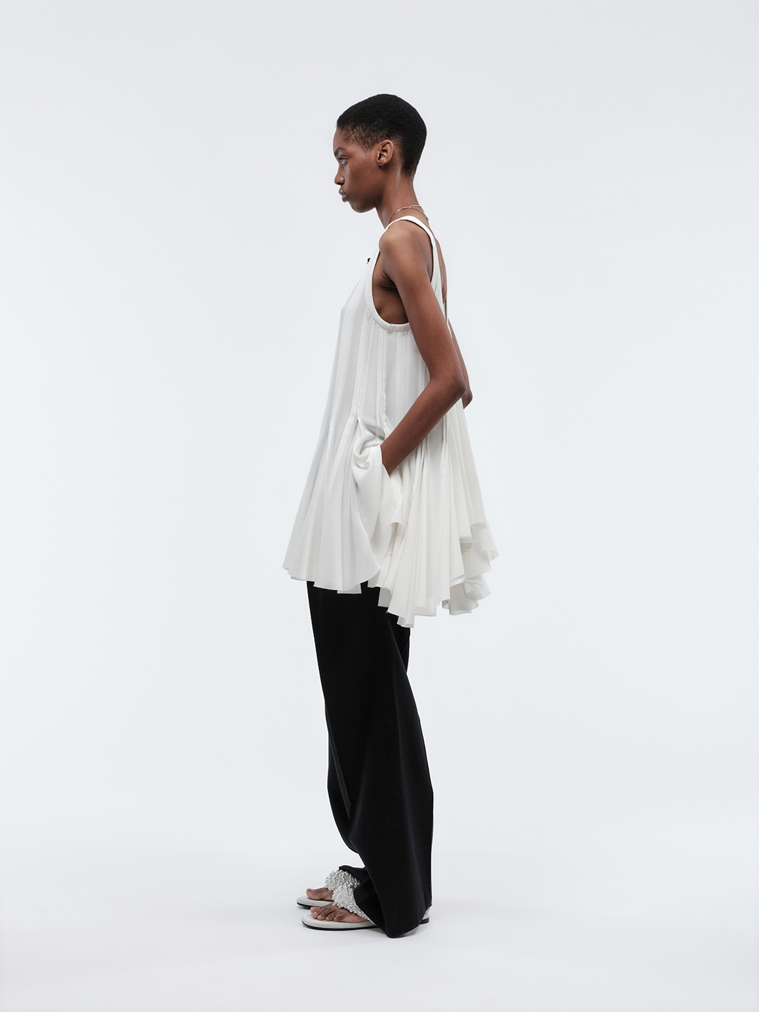 Pintuck top in silk crepe de Chine