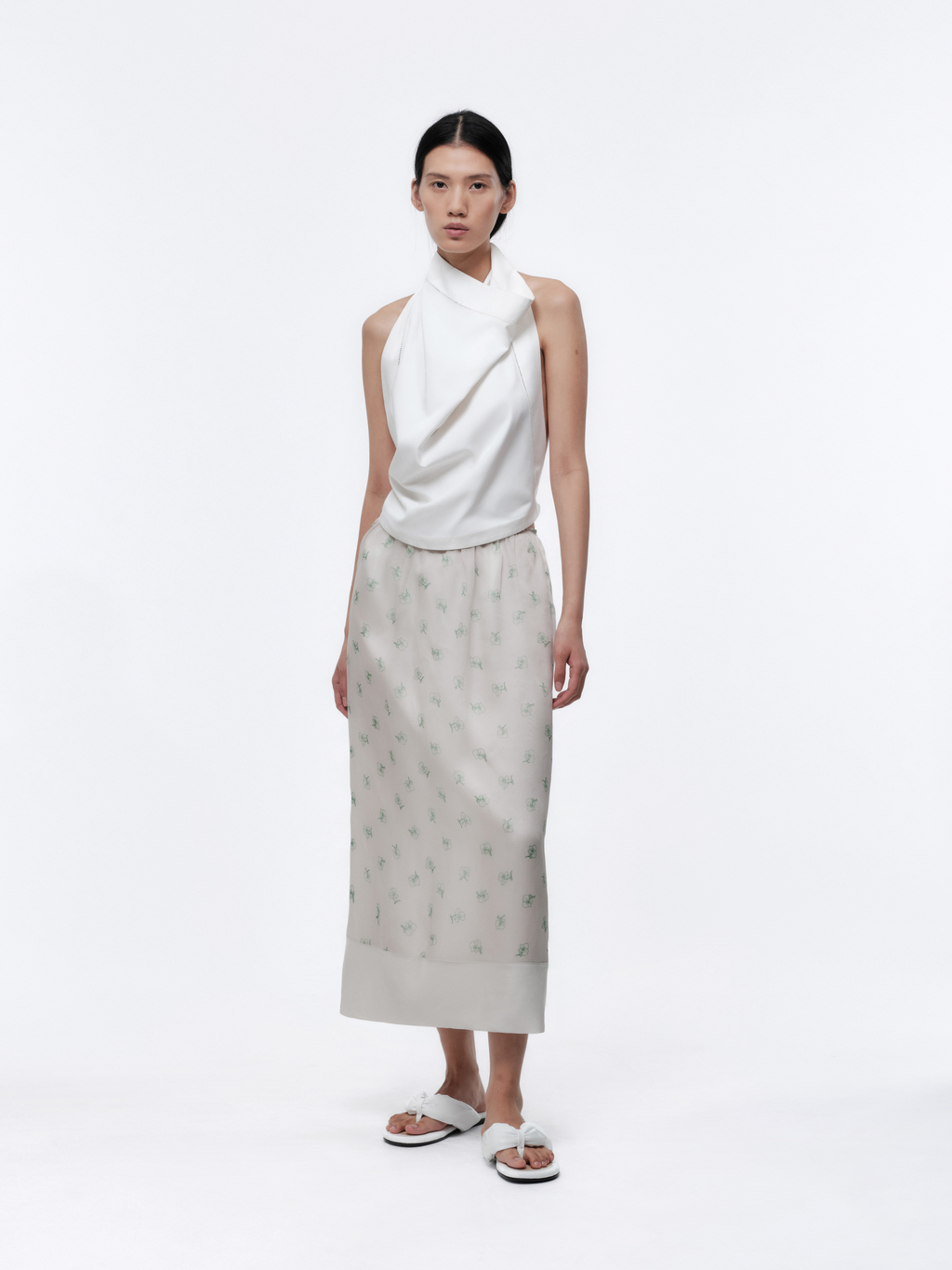 Jupe transparente en organza de satin imprimé orchidée