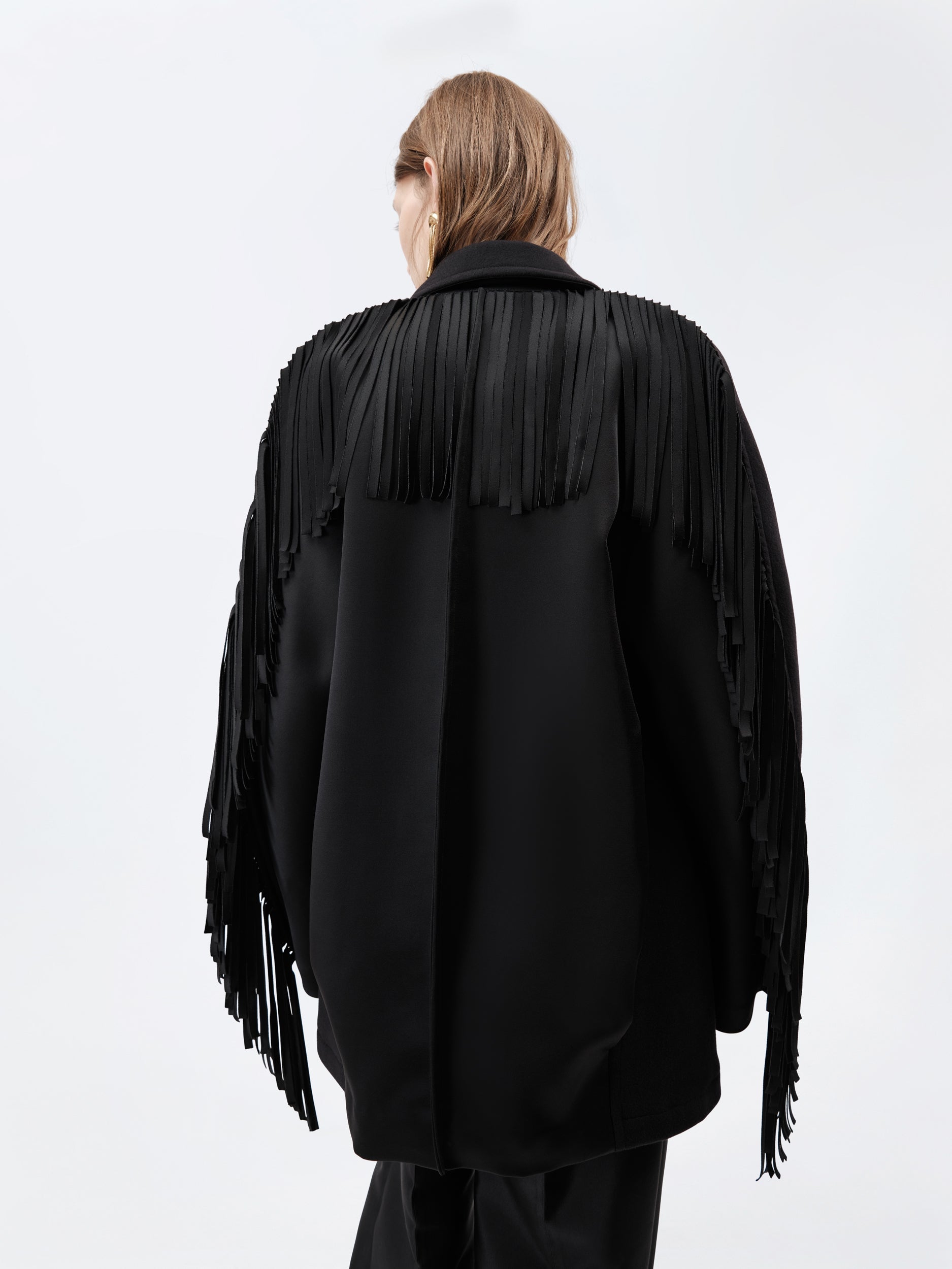 Fringed pea coat in virgin double wool