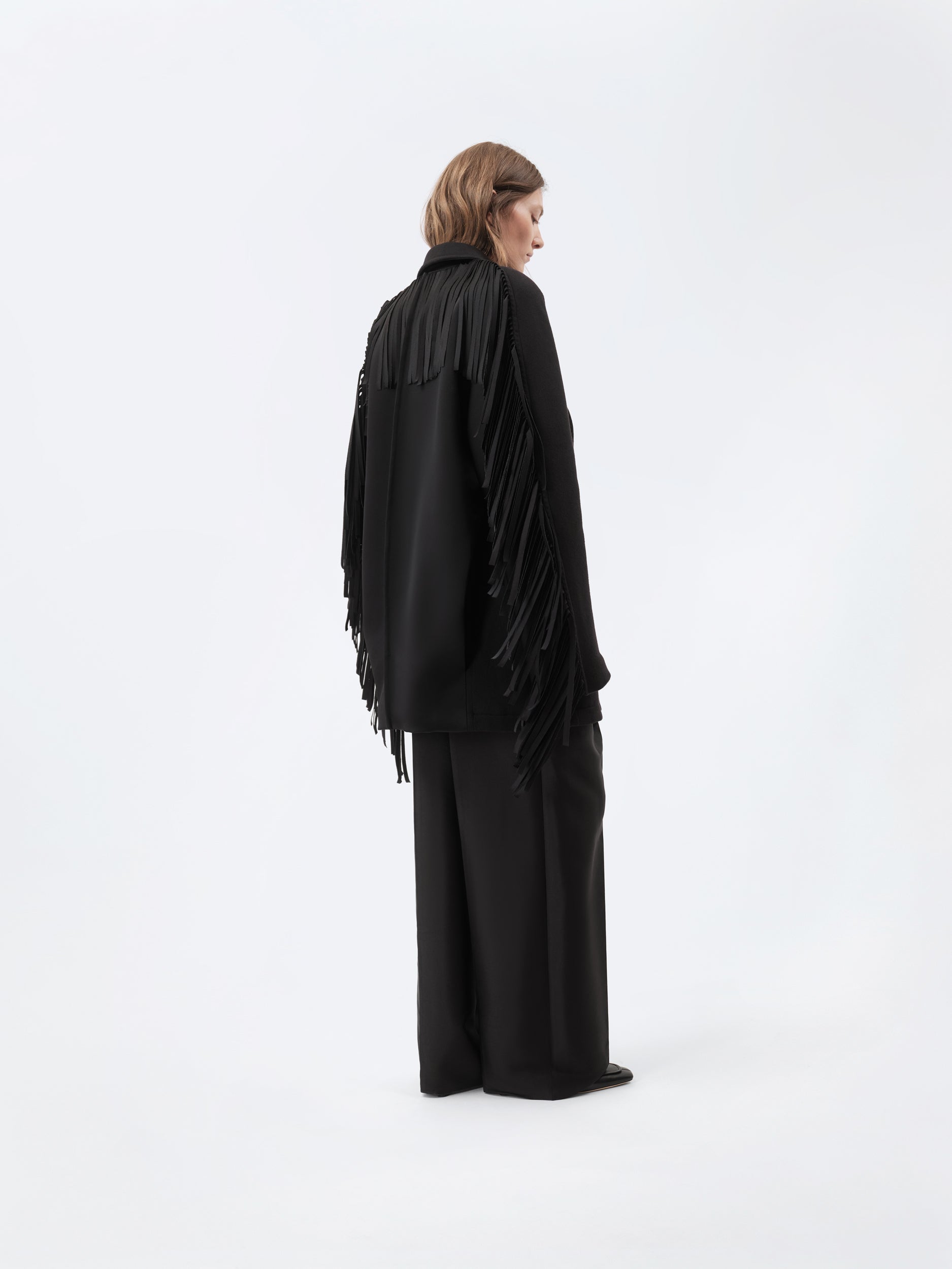 Fringed pea coat in virgin double wool
