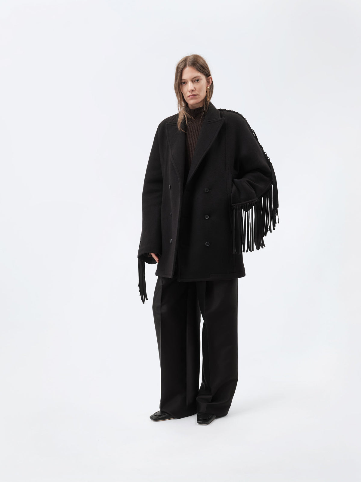 Fringed pea coat in virgin double wool