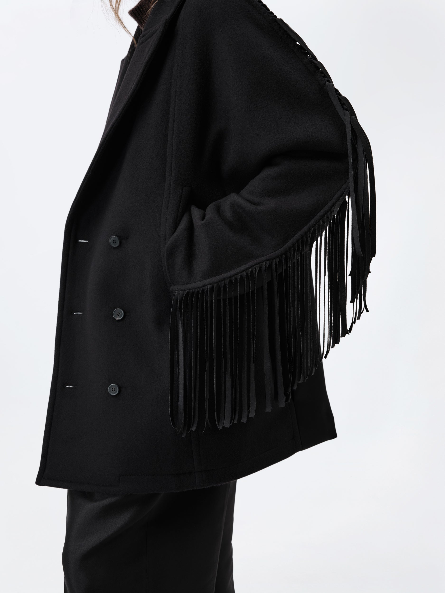 Fringed pea coat in virgin double wool