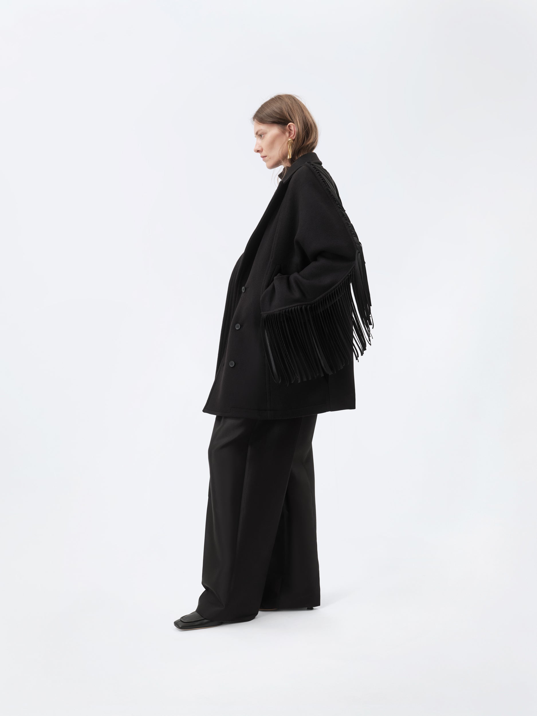 Fringed pea coat in virgin double wool