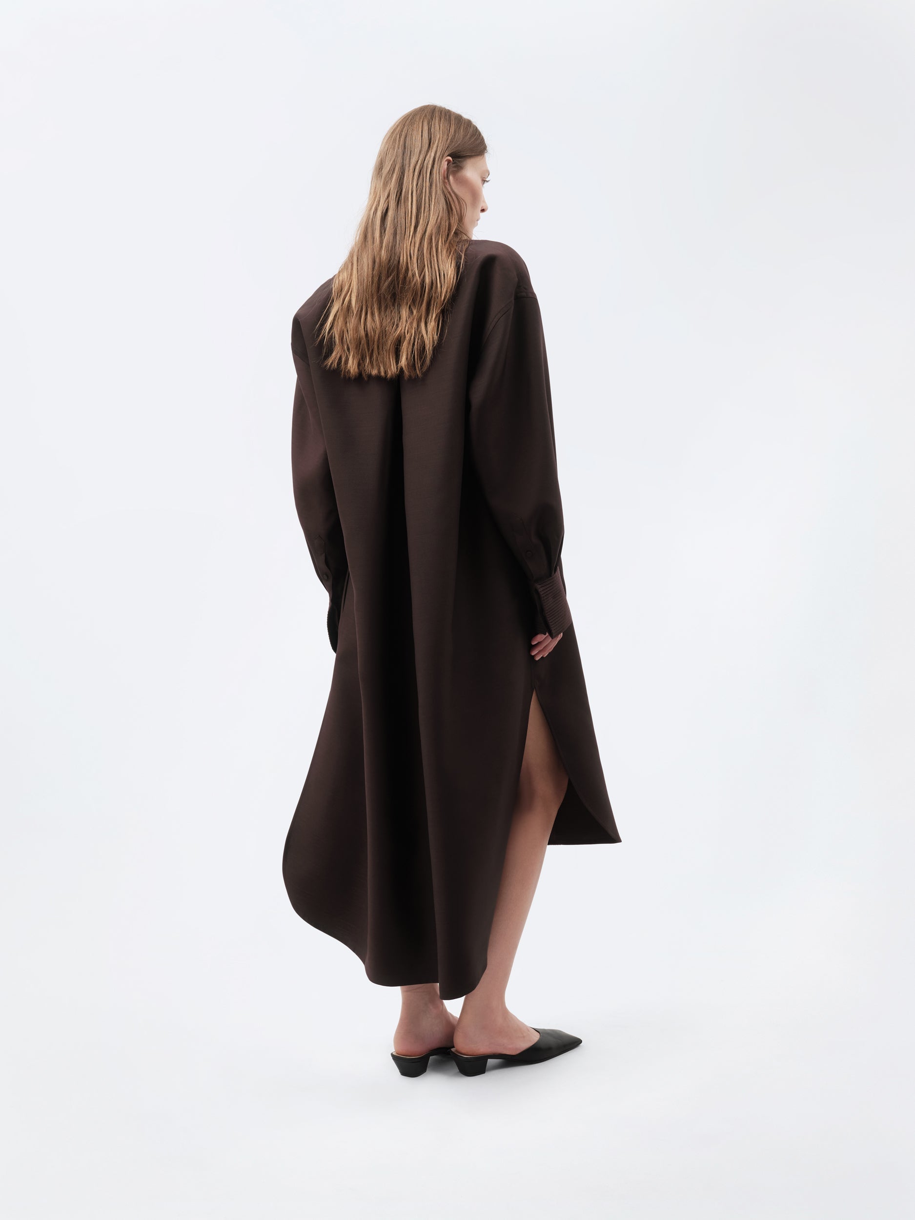 Pintuck shirt dress in silk wool toile