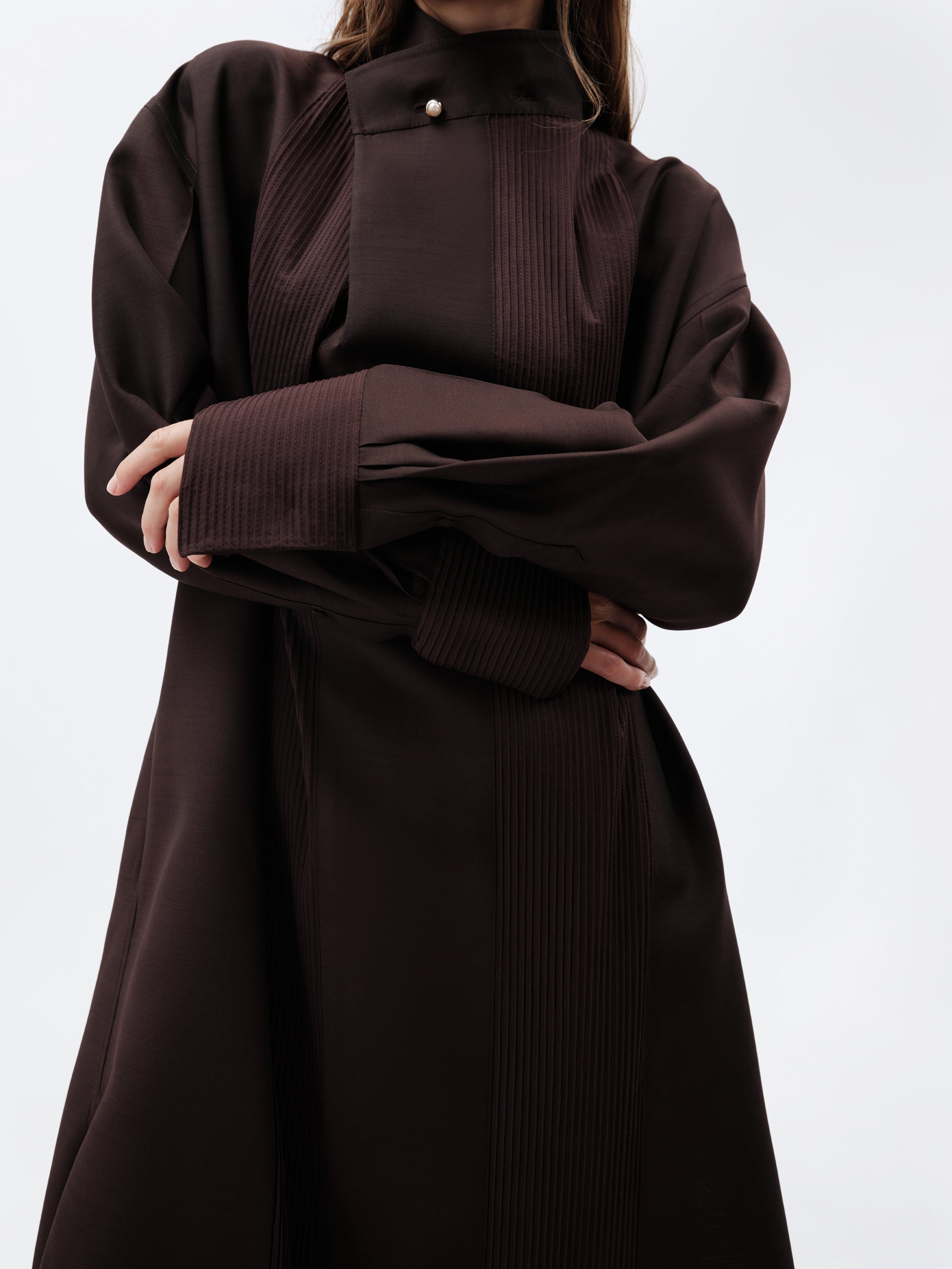 Pintuck shirt dress in silk wool toile