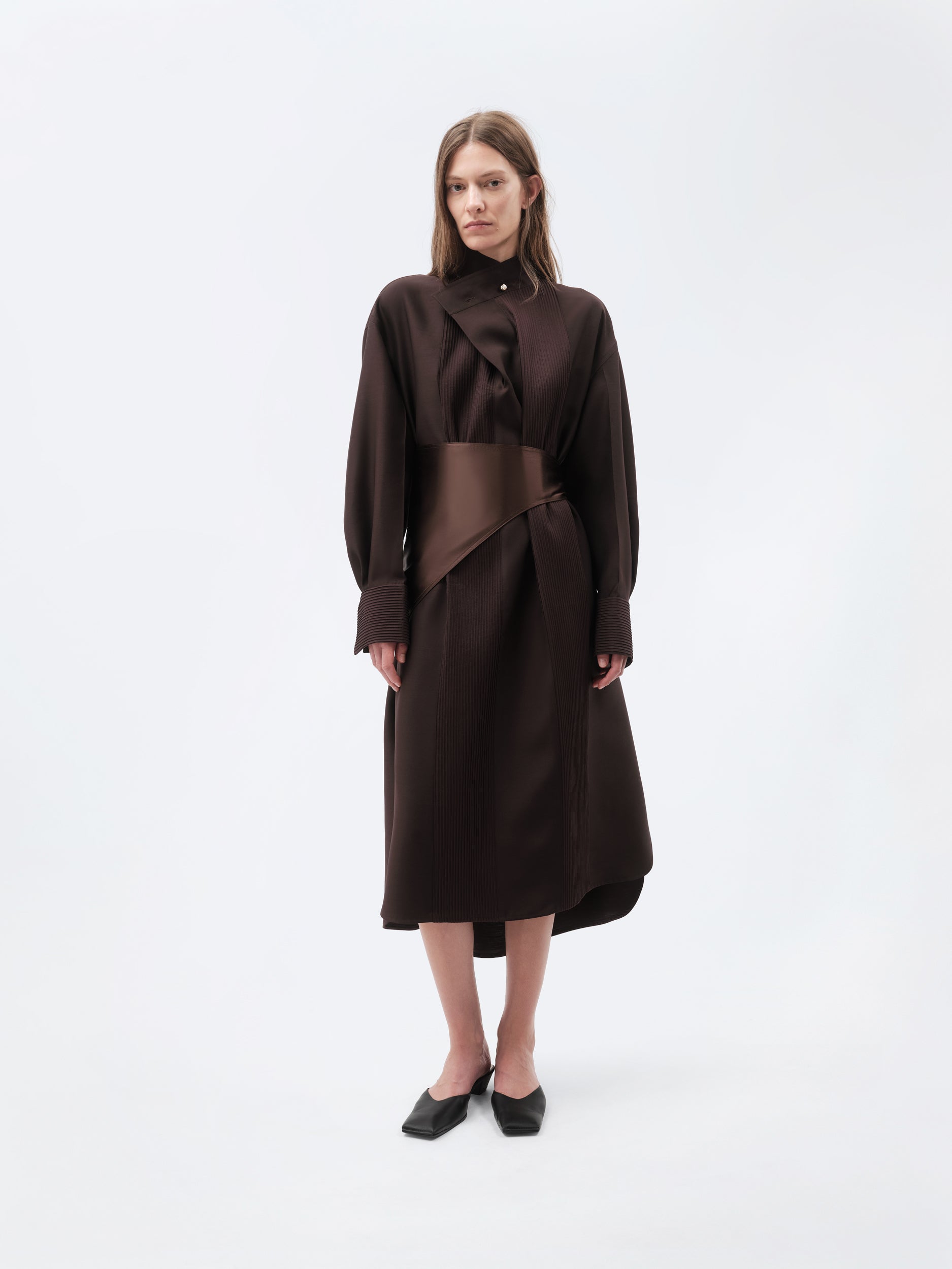 Pintuck shirt dress in silk wool toile