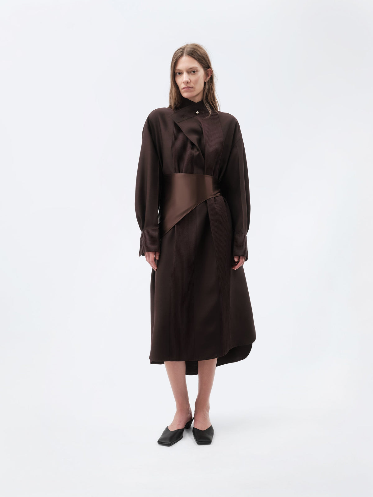 Pintuck shirt dress in silk wool toile