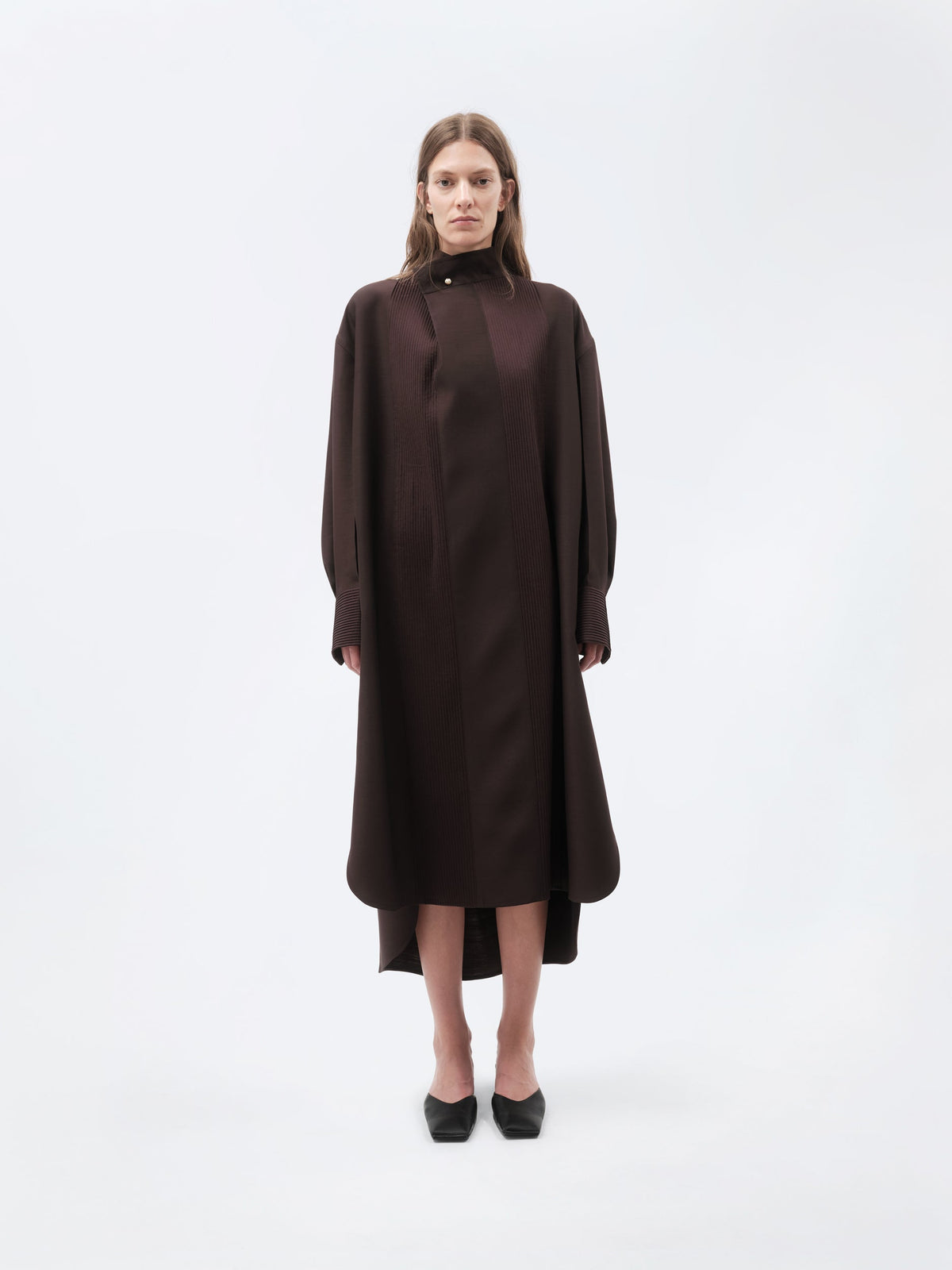 Pintuck shirt dress in silk wool toile