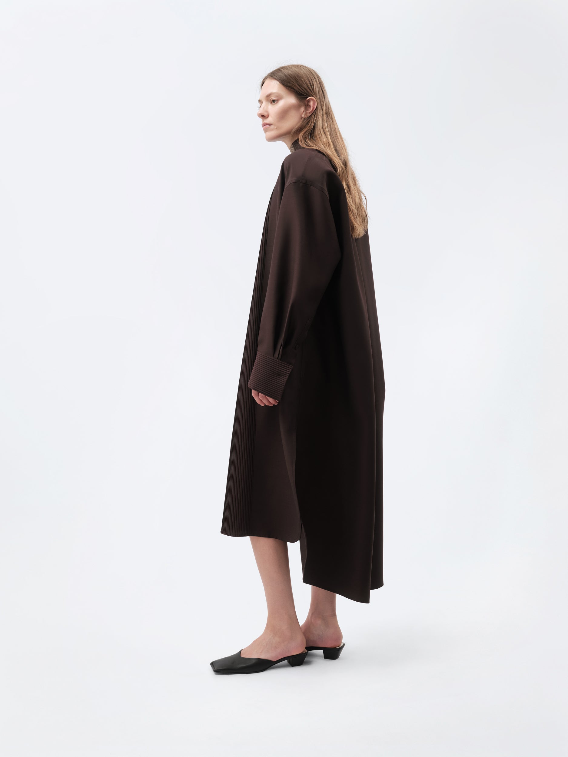Pintuck shirt dress in silk wool toile