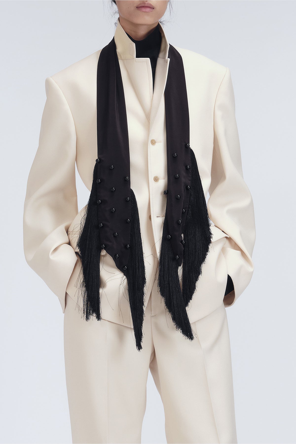 Embroidered fringed scarf in crepe de chine