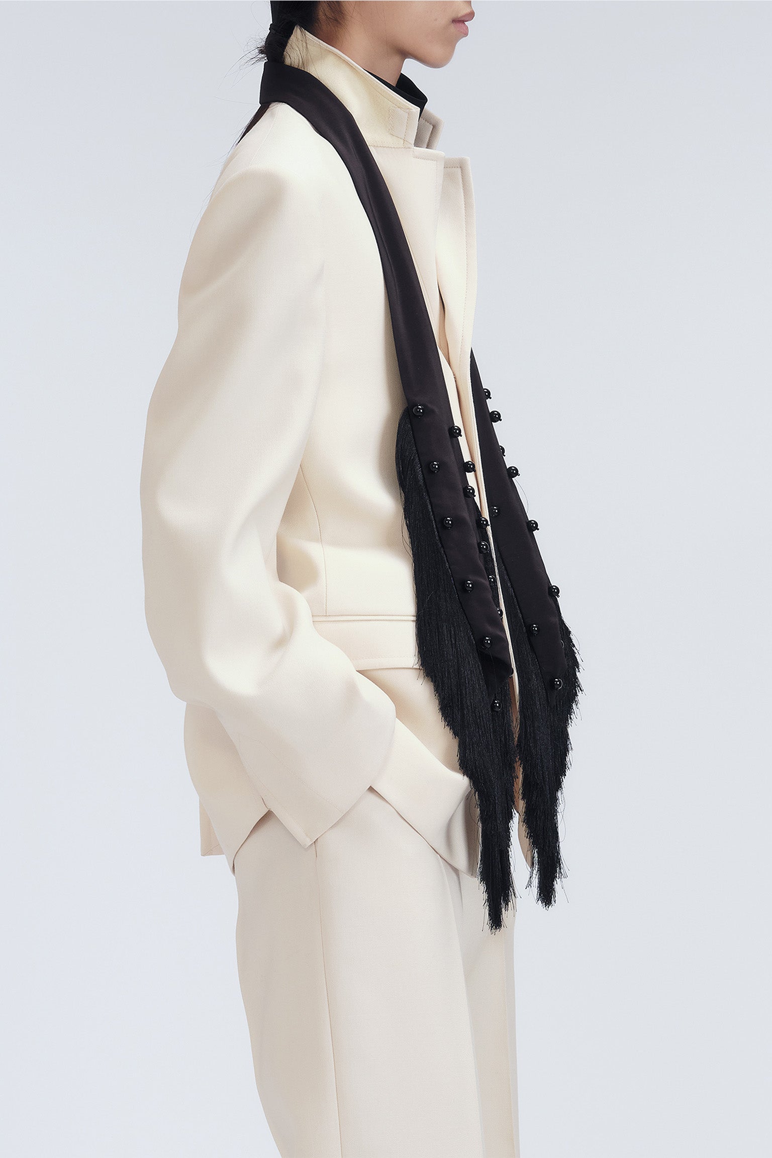 Embroidered fringed scarf in crepe de chine