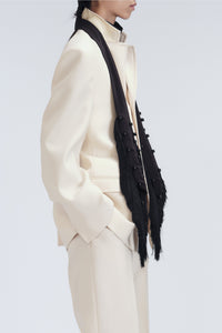 Embroidered fringed scarf in crepe de chine