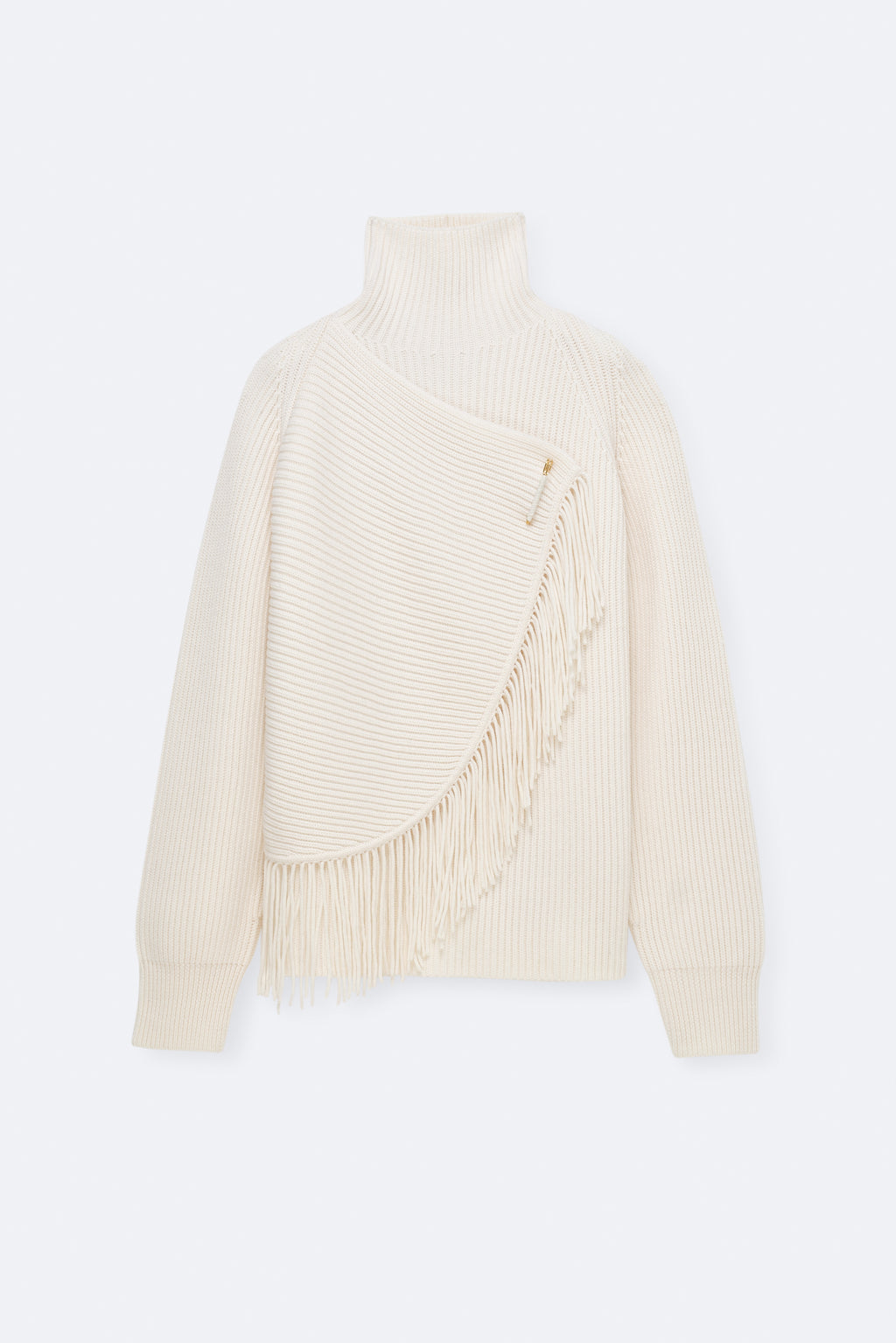 Pull à col montant frangé en côtes anglaises et franges