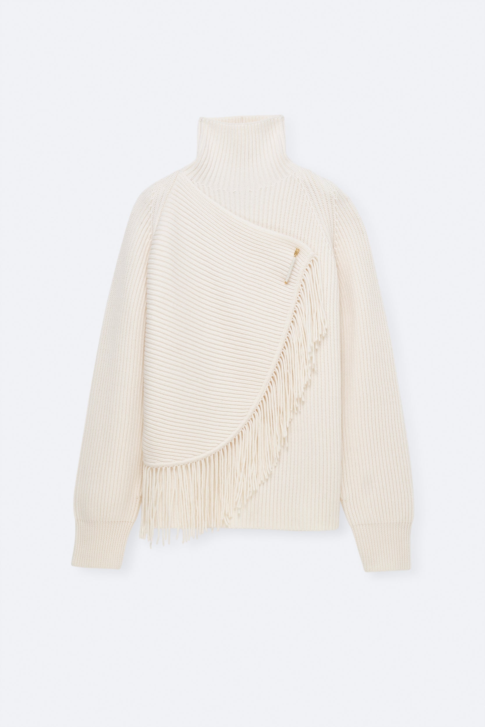 Pull à col montant frangé en côtes anglaises et franges