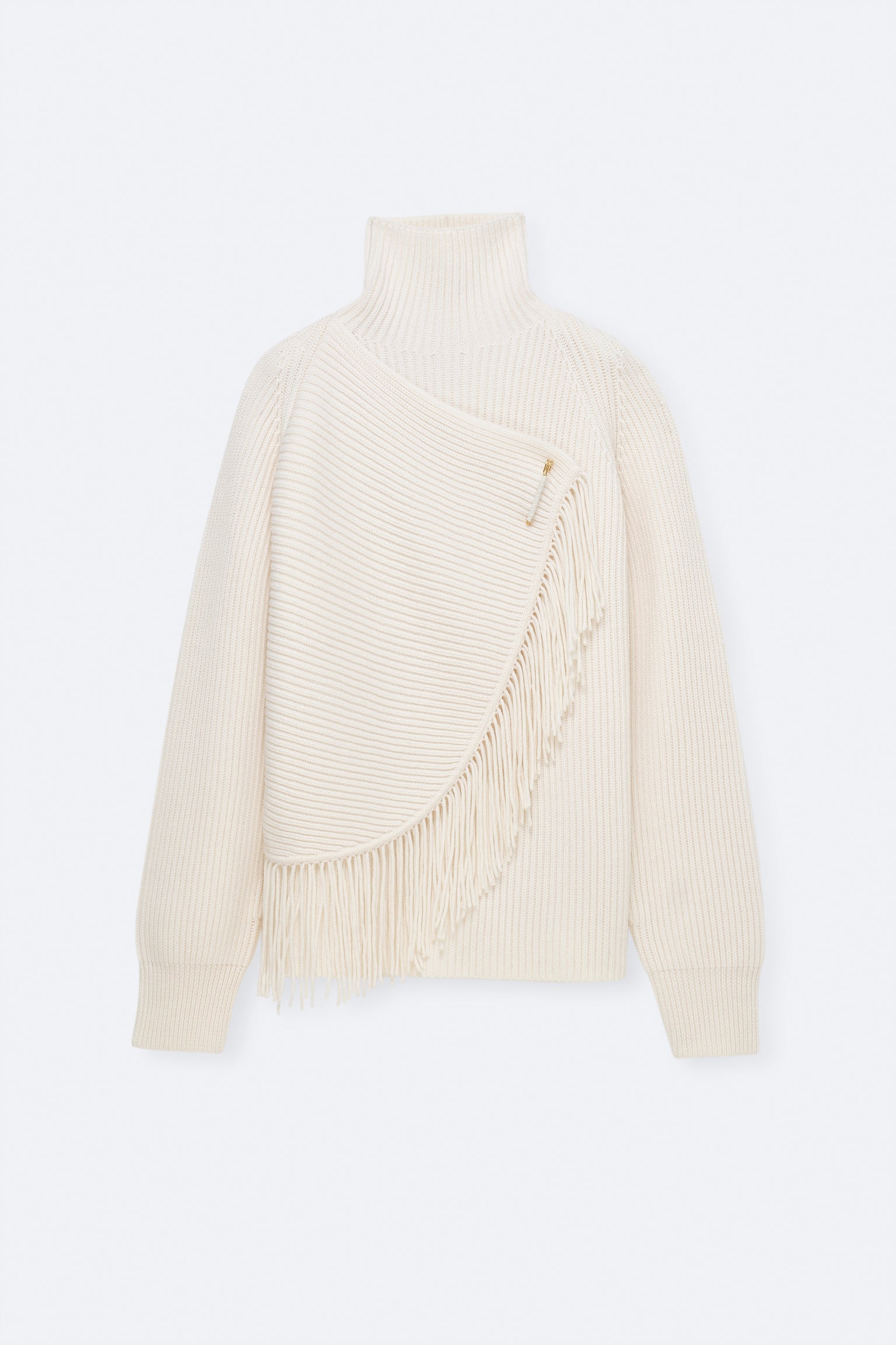 Pull à col montant frangé en côtes anglaises et franges