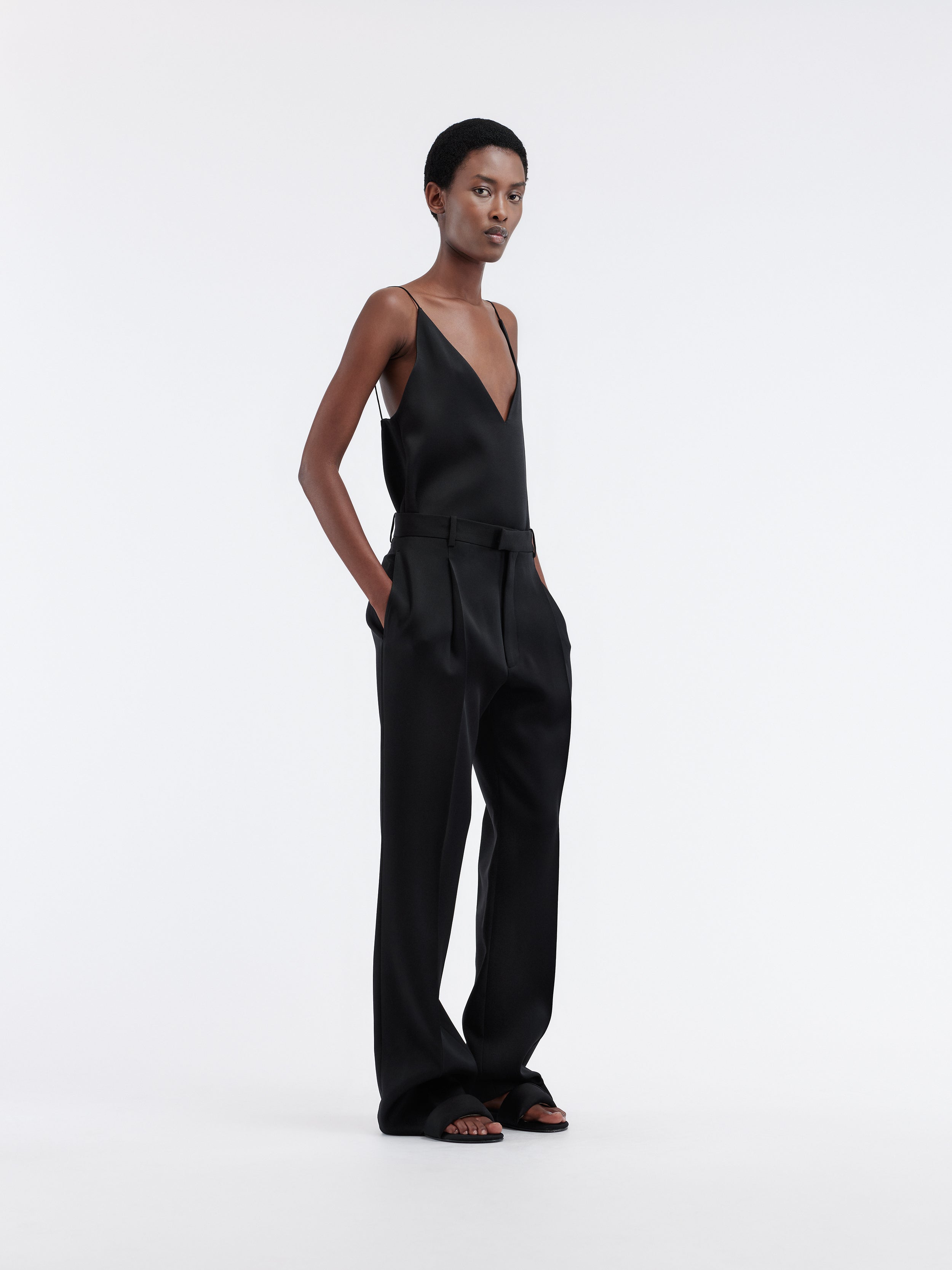 Satin front trousers in grain de poudre