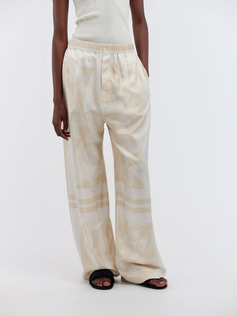 Pantalon taille élastiquée en soie imprimée foulards